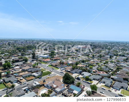 Day time aerial view of the Uptown area of Whittier, California. 127996633
