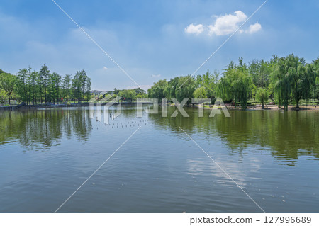 The reflection of the city oasis in the lake under the blue sky and white clouds 127996689