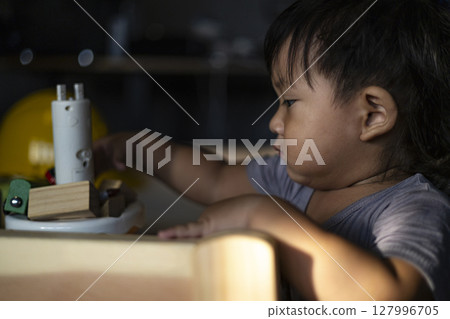 Closeup Of Asian Child In The Room. Background for advertising and wallpaper in education and lifestyle scene. Closeup Of Asian Child In The Room. Background for advertising and wallpaper in education and lifestyle scene. 127996705