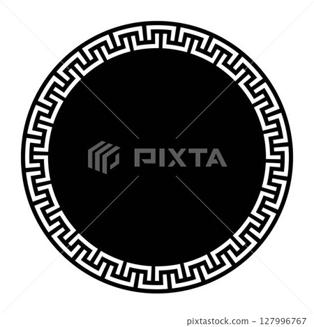 Greek round frame. Patterns of Greece and ancient Rome. Greek circle frame. Round greek ornament. Black and white design element. Typical egyptian, assyrian, greek motives. Template for laser cutting 127996767