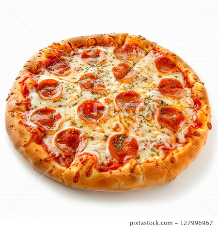 Classic pepperoni pizza, generously topped with melted cheese and herbs, presented whole on a clean white background. 127996967