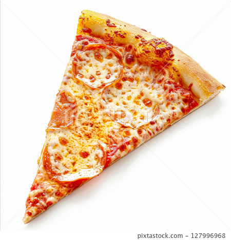 A perfect slice of pepperoni pizza, featuring melted mozzarella cheese and rich tomato sauce on a golden crust, isolated on a white background 127996968
