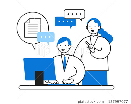 Illustration of people working in an office: A businessman being taught how to do his job Illustration of people working in an office: A businessman being taught how to do his job 127997077