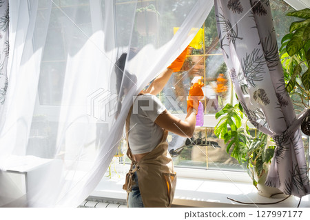 Woman in rubber gloves and apron manually washes window of house with rag cleaner and mop inside interior with home plants on windowsill. Restoring order and cleanliness in spring, cleaning servise 127997177