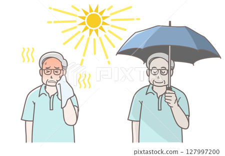 一位老人在烈日下面臨中暑風險，另一位老人則撐著遮陽傘 127997200