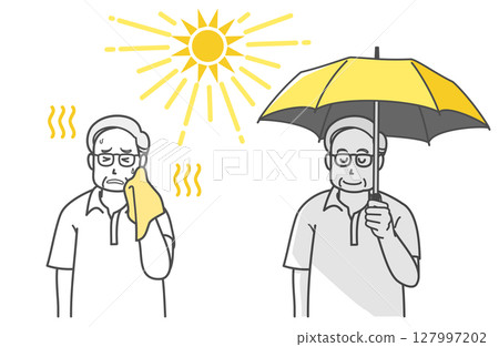 An elderly man at risk of heatstroke in the hot sun and another elderly man holding a parasol 127997202