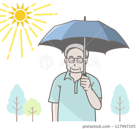 Illustration of a senior man holding a parasol to prevent heatstroke 127997205