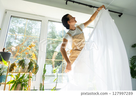 Woman in apron hangs transparent tulle curtains on large windows in the house inside the interior with potted plants. Spring cleaning, tidying up 127997289