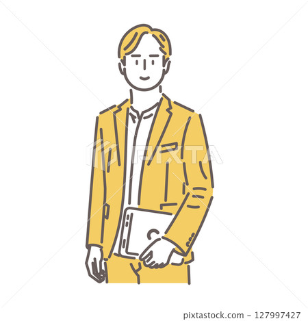 Illustration of a stylish businessman holding a laptop 127997427