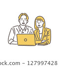 Illustration of male and female business partners working together on a laptop 127997428