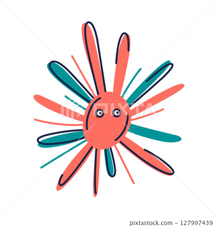 Flat cartoon vector illustration of funny sea urchin character with expressive eyes and spines. Marine animal for kids designs, underwater world, ocean life, educational materials, childrens books Flat cartoon vector illustration of funny sea urchin character with expressive eyes and spines. Marine animal for kids designs, underwater world, ocean life, educational materials, childrens books 127997439