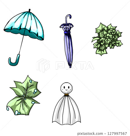 A hand-drawn illustration of the rainy season and rain. Set includes umbrellas and wet leaves. Perfect for rainy season POP. 127997567