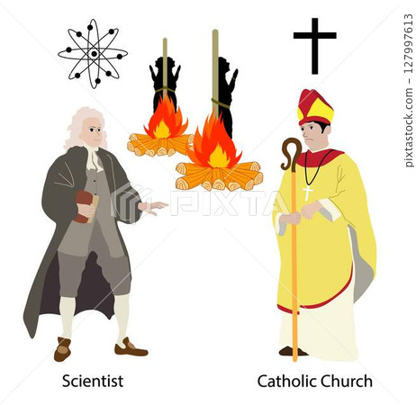 illustration of Science and religion,The theory of conflict between science and the Church, geocentric model and heliocentric model 127997613