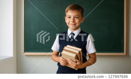 Smiling young boy in school uniform holding books in classroom. Male student stands in front of green chalkboard ready for learning. 127997686