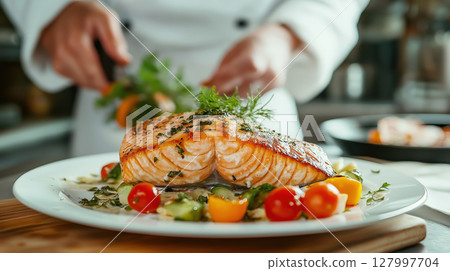 Grilled salmon fillet with fresh herbs and vegetables on white plate. Chef preparing delicious seafood dish in professional kitchen. 127997704