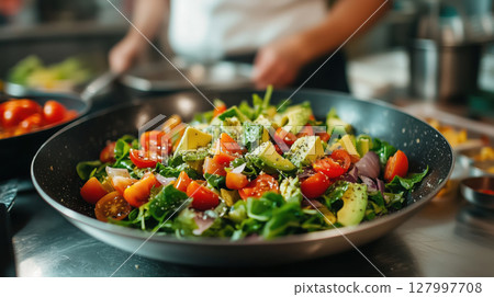 Fresh vegetable salad with tomatoes, avocado, greens and onion in black bowl. Chef preparing healthy colorful dish in kitchen. 127997708