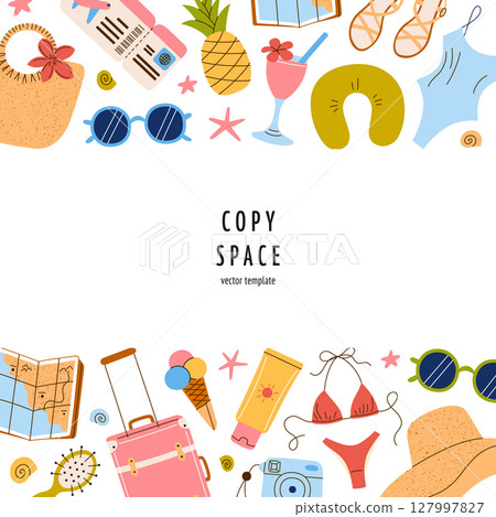Vector illustrations, summer travel and beach vacation card for women with copy space. Stylish feminine template with flat holiday accessories for posters, planners, social media, invitations 127997827