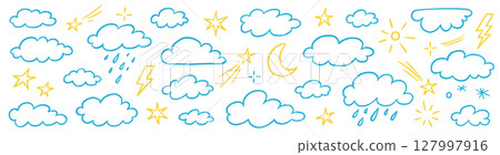 Cloud crayon texture star, moon set. Hand drawn crayon pencil stroke cloud, moon, sun weather shape with chalk texture. Sky elements for kid, baby, school background design. Vector 127997916