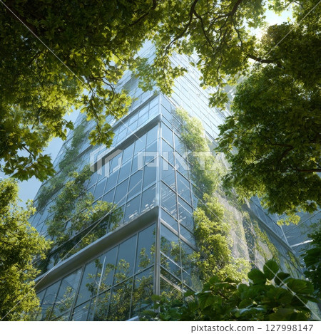 Innovative Green Architecture: Modern Glass Building Integrated with Lush Greenery, Symbolizing Sustainable Urban Design, Eco-Friendly Workspaces, and Harmony with Nature for a Healthier Environment Innovative Green Architecture: Modern Glass Building Integrated with Lush Greenery, Symbolizing Sustainable Urban Design, Eco-Friendly Workspaces, and Harmony with Nature for a Healthier Environment 127998147