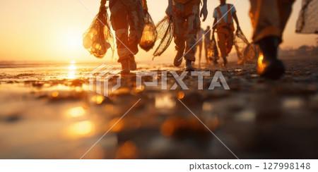 Dedicated Eco-Volunteers Collect Trash on a Sun-Drenched Beach at Sunset, Symbolizing Community Action, Environmental Stewardship, and a Collective Commitment to Ocean Conservation 127998148