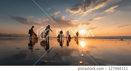 Dedicated Eco-Volunteers Collect Trash on a Sun-Drenched Beach at Sunset, Symbolizing Community Action, Environmental Stewardship, and a Collective Commitment to Ocean Conservation 127998151