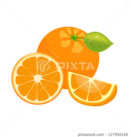 Orange. Set with whole, slice and wedge of orange on white background. Tropical fruit season. Realistic vector illustration. Orange. Set with whole, slice and wedge of orange on white background. Tropical fruit season. Realistic vector illustration. 127998189