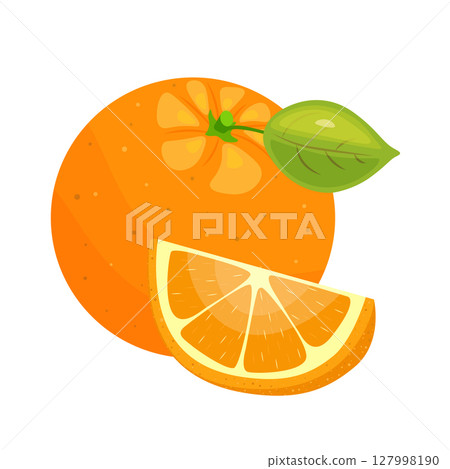 Orange icon set. Bright whole fruits, halves, slices with leaves. Elements for spring and summer design. Hand drawn. 127998190