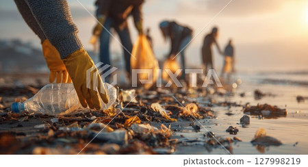 Dedicated Eco-Volunteers Collect Trash on a Sun-Drenched Beach at Sunset, Symbolizing Community Action, Environmental Stewardship, and a Collective Commitment to Ocean Conservation 127998219