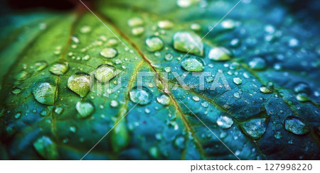 Captivating Macro of Morning Dew Drops Adorning a Vibrant Green Leaf, Reflecting Purity, Freshness, and the Delicate Beauty of Nature's Renewal After a Tranquil Night Captivating Macro of Morning Dew Drops Adorning a Vibrant Green Leaf, Reflecting Purity, Freshness, and the Delicate Beauty of Nature's Renewal After a Tranquil Night 127998220