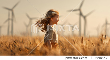 Future Generations Embrace Sustainable Energy: A Young Child Standing in a Golden Wheat Field, Her Hair Blowing in the Wind, With Modern Wind Turbines Silhouetted Against the Sunset Sky 127998347