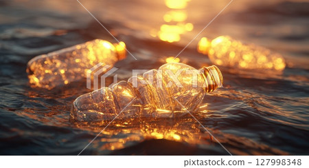 Urgent Environmental Crisis: Plastic Bottles and Debris Pollute a Sun-Kissed Beach at Sunset, Highlighting Marine Pollution, Waste Management, and the Critical Need for Global Ocean Conservation 127998348