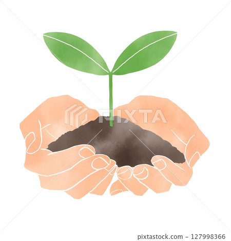 Watercolor style illustration of gently nurturing a seedling in the palm of your hand 127998366