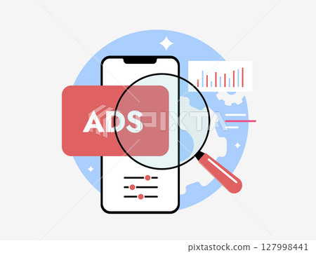 Mobile advertising analysis with magnifying glass and performance data. Ad analytics and programmatic ads interface in modern style. Mobile advertising optimization flat design vector illustration 127998441