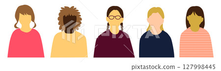 來自不同國家的年輕女性，前上半身圖示設定了5人，沒有臉部表情 127998445