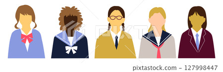 Female students from various countries, uniforms, front upper body icon set, 5 people, no expression 127998447