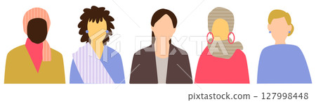 Women from various countries, front upper body icon set, 5 people, no expression Women from various countries, front upper body icon set, 5 people, no expression 127998448