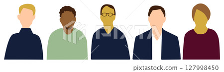 Men from various countries, front upper body icon set, 5 people, no expression 127998450
