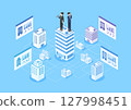 Male and female business people conducting research and analysis on various companies 127998451