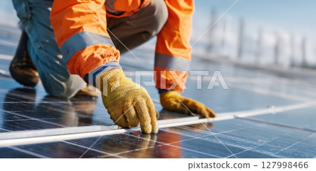 Expert Technician Installing and Inspecting Solar Panels on a Rooftop, Symbolizing the Growth of Renewable Energy, Sustainable Infrastructure, and Skilled Workforce in Clean Technology 127998466