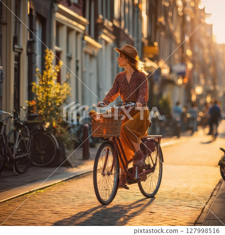 Urban Cycling Chic Joyful Woman Commuting by Bike with Sunlit Hair Embracing Sustainable Transportation and Healthy City Living 127998516