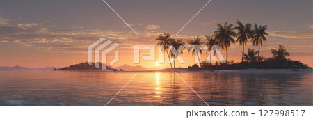 Tropical Island Paradise: Serene Beach with Swaying Palm Trees and Crystal Clear Waters at Sunset The Ultimate Dream Vacation Destination 127998517