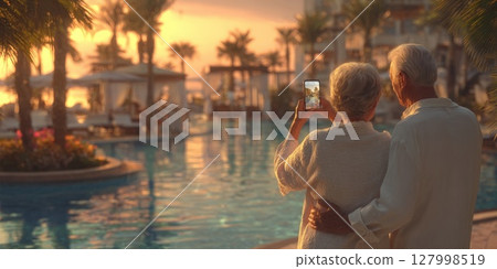 Mature Couple Captures a Sunset Moment by a Luxurious Resort Pool, Embracing Vacation Bliss and Technology 127998519