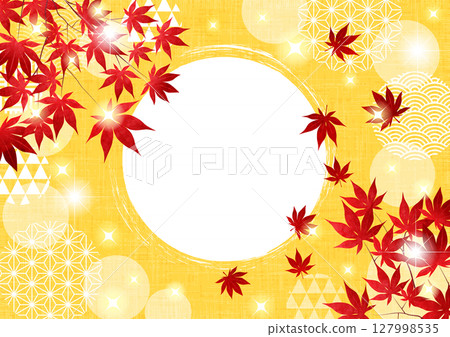 秋葉與樹枝,日式圖案球,背景,可愛,插圖,水平,黃色 秋葉與樹枝,日式圖案球,背景,可愛,插圖,水平,黃色 127998535
