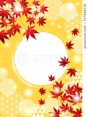 秋葉與樹枝，日式圖案球，背景，可愛，插圖，垂直，黃色 127998536