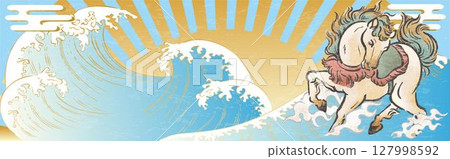 橫幅 新年賀卡 2026 2026 新年 馬 馬年 馬 海 日出 水墨畫 日本畫 插畫素材 127998592