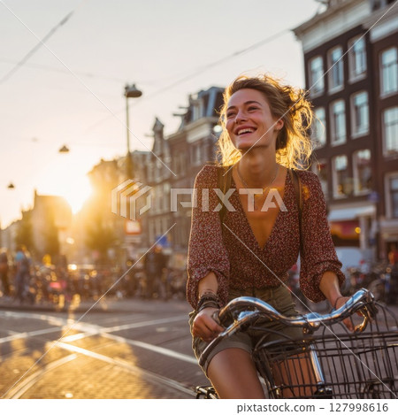 Urban Cycling Chic Joyful Woman Commuting by Bike with Sunlit Hair Embracing Sustainable Transportation and Healthy City Living 127998616