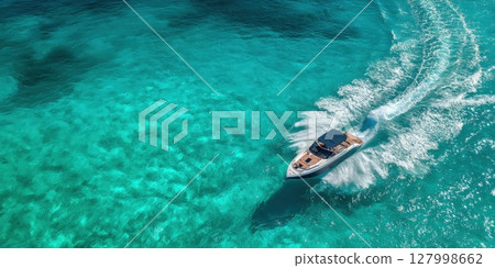 High-Speed Luxury: Aerial View of a Sleek Motorboat Cruising Through Sparkling Turquoise Waters Perfect for Nautical, Travel, and Adventure Themes 127998662