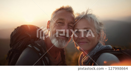 Adventurous Senior Couple's Mountain Summit Selfie: Celebrating Active Retirement and Outdoor Exploration with Breathtaking Sunset Views 127998664