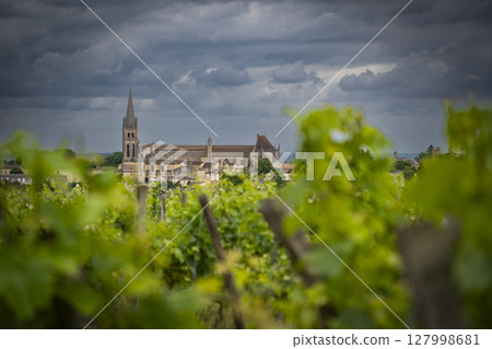 Bordeaux vineyards under dramatic skies showcasing Saint-Emilion's historic architecture and lush Bordeaux vineyards under dramatic skies showcasing Saint-Emilion's historic architecture and lush 127998681