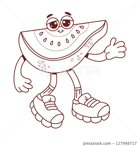 Outline Cute Slice Guava Fruit Groovy Character. Funny tropical cartoon retro personage. Line drawing, coloring book. Vector illustration. Kids collection 127998717